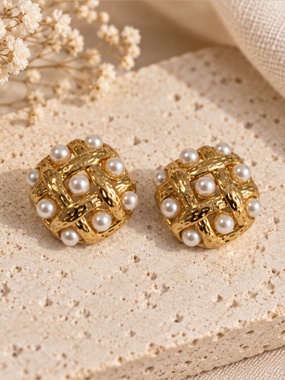 Gold Pearl Cluster Stud Earrings - Stainless Steel